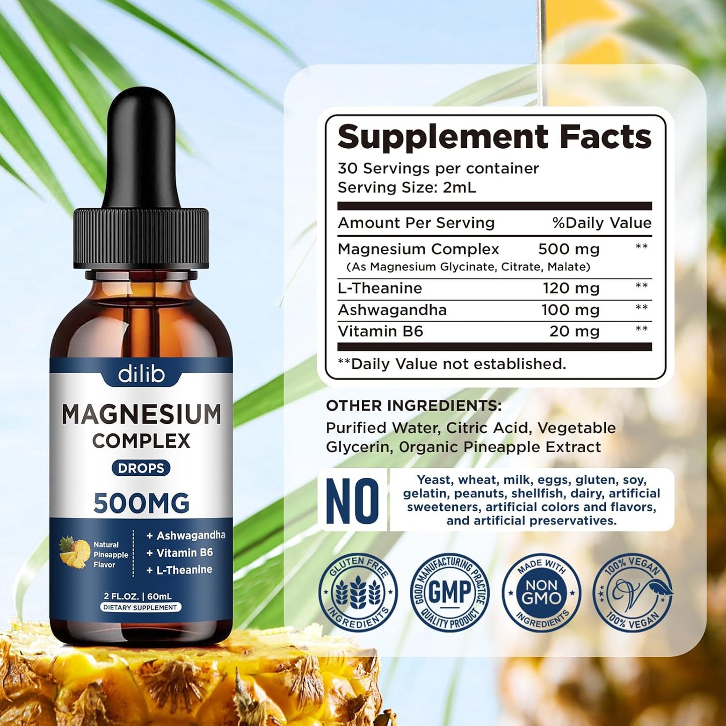 Magnesium Glycinate Liquid Drops 500mg with Triple Complex - Sleep Aid & Stress Relief Supplement - Pineapple Flavor - 4 Fl Oz