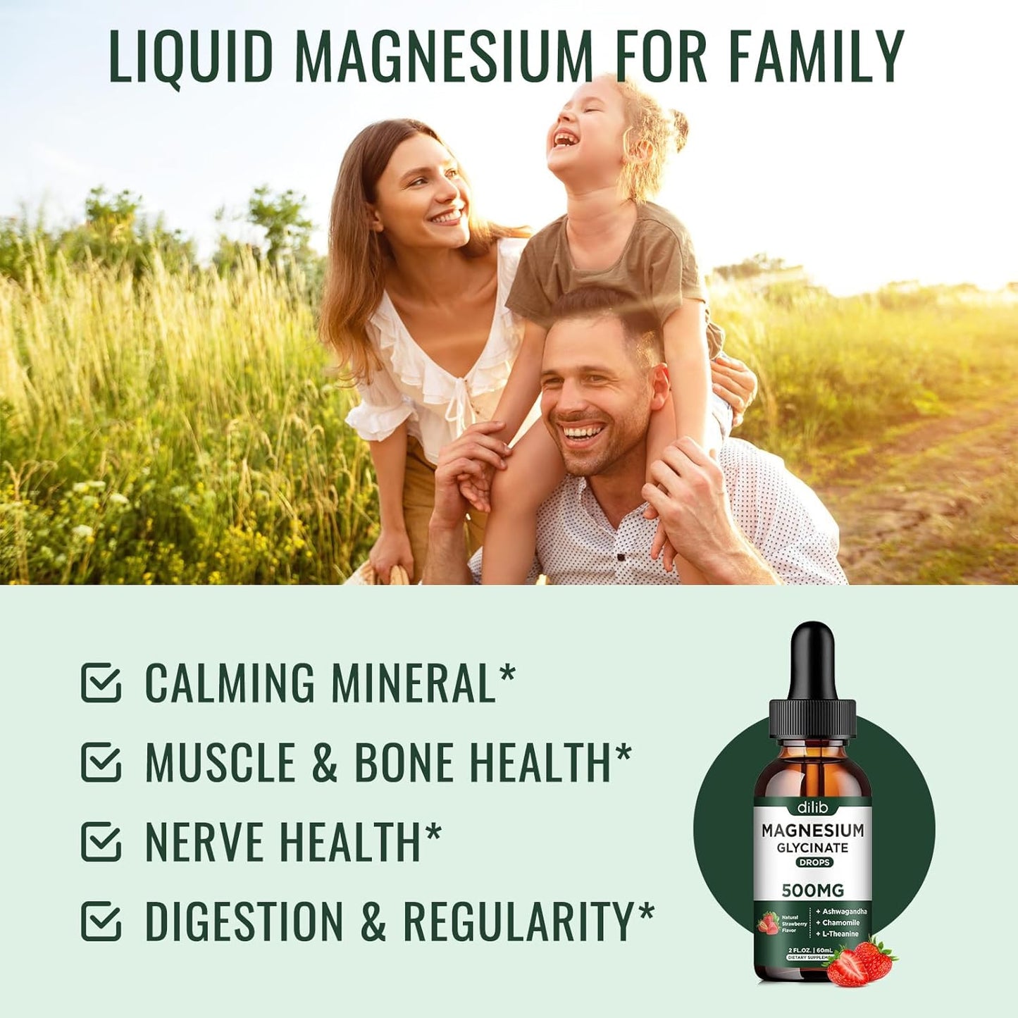 Magnesium Glycinate Liquid Drops with Ashwagandha & Chamomile for Stress Relief - 2 Pack Strawberry Flavor