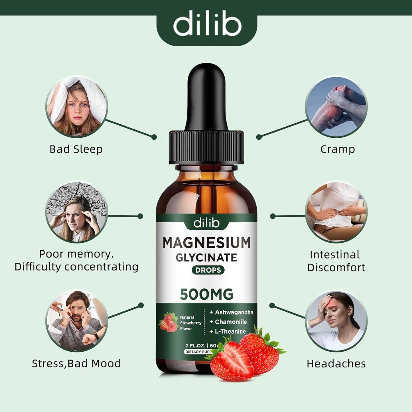 Magnesium Glycinate Liquid Drops with Ashwagandha & Chamomile for Stress Relief - 2 Pack Strawberry Flavor