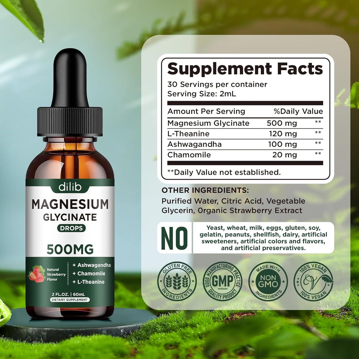 Magnesium Glycinate Liquid Drops with Ashwagandha & Chamomile for Stress Relief - 2 Pack Strawberry Flavor
