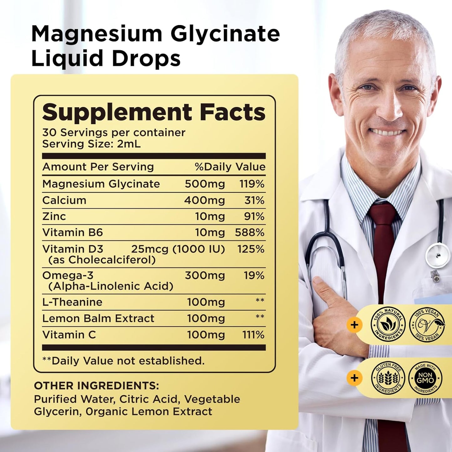 Magnesium Glycinate Liquid Drops with Calcium, Zinc, Vitamin B6, D3, L-Theanine, Omega-3 - Lemon Flavor for Sleep, Mood, Stress Relief, Bone & Muscle Health