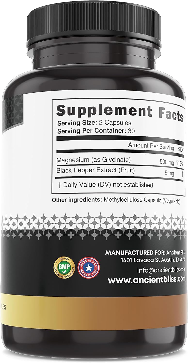 Magnesium Glycinate Supplement for Muscle, Nerve, Digestive & Immune Support - 60 Capsules