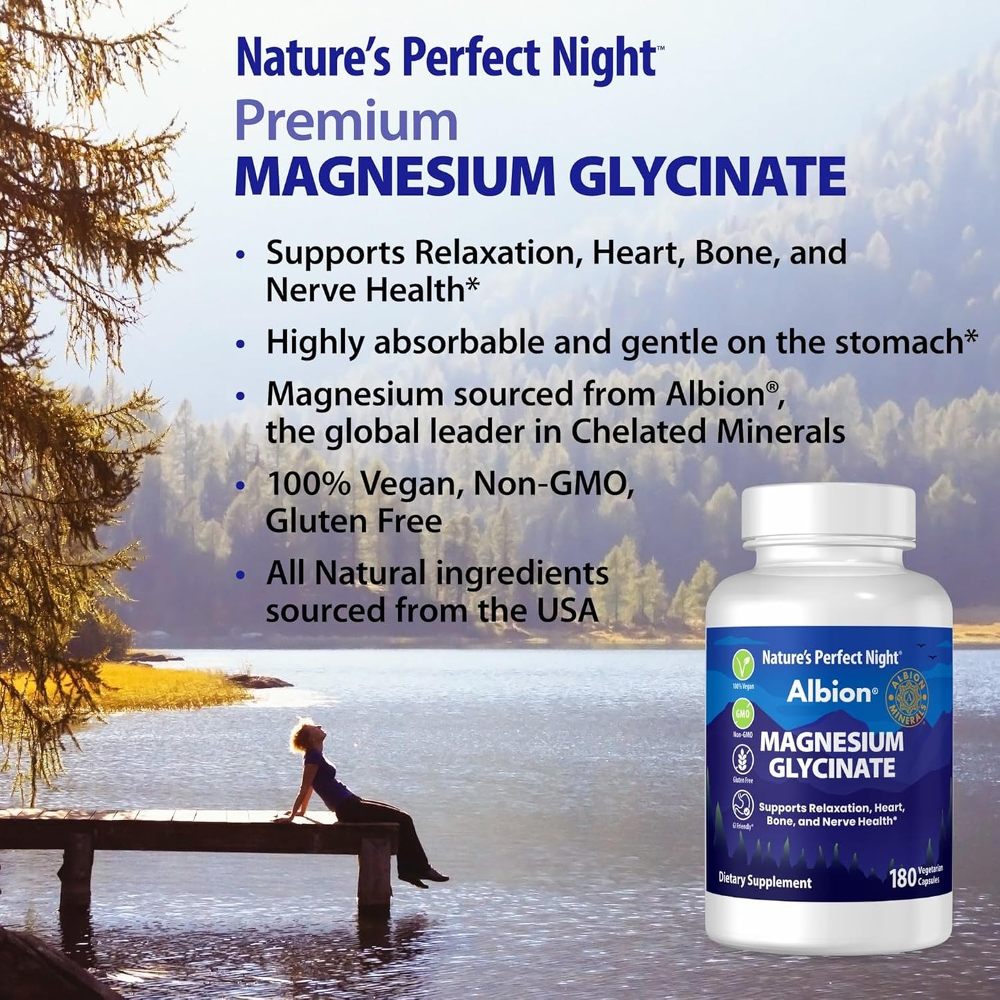 Magnesium Glycinate Supplement | Nature’s Perfect Night | 180 Caps | Chelated | Albion Gold Medallion | GI Friendly | Non-GMO | Gluten Free | Supports Relaxation, Heart, Bone, and Nerve Health