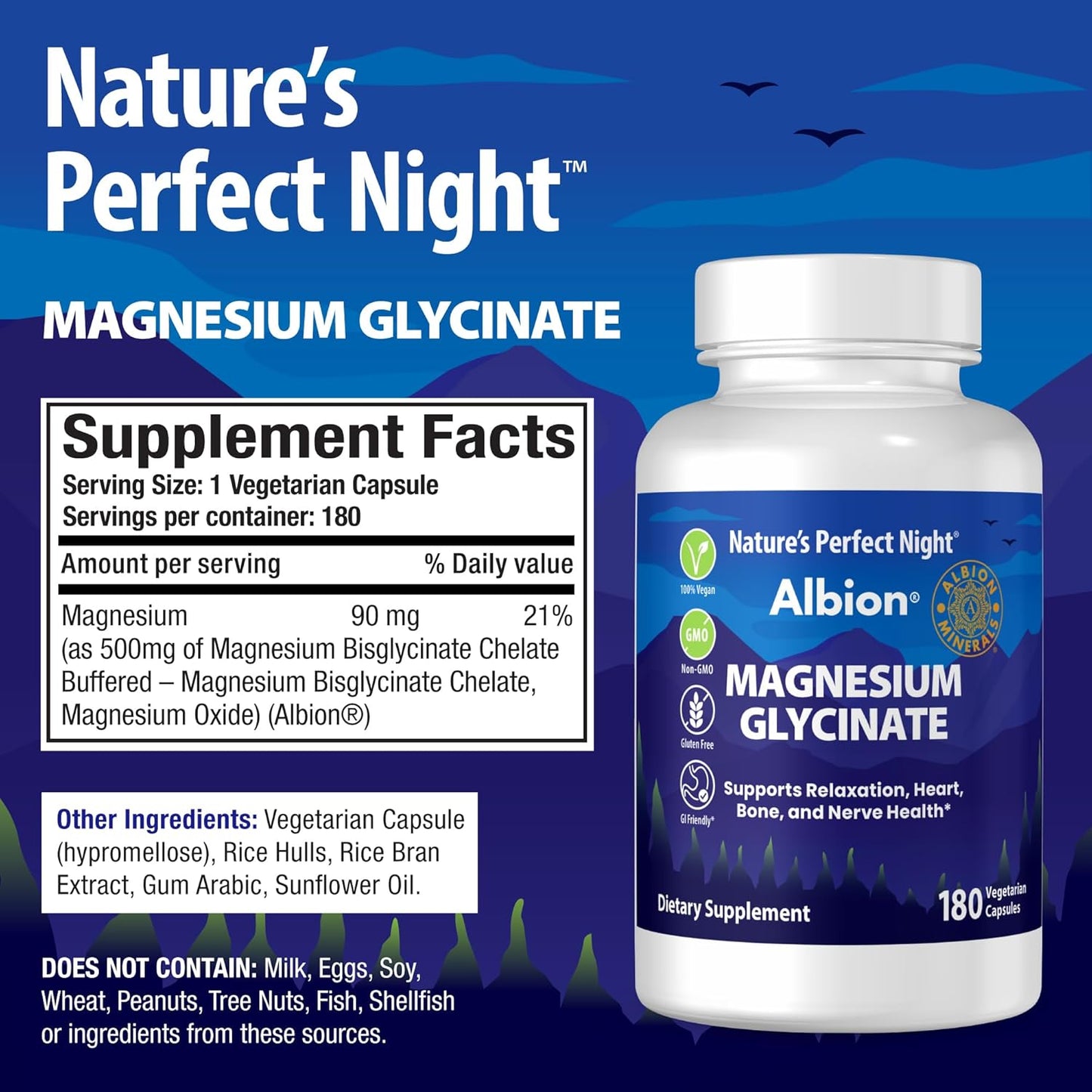 Magnesium Glycinate Supplement | Nature’s Perfect Night | 180 Caps | Chelated | Albion Gold Medallion | GI Friendly | Non-GMO | Gluten Free | Supports Relaxation, Heart, Bone, and Nerve Health