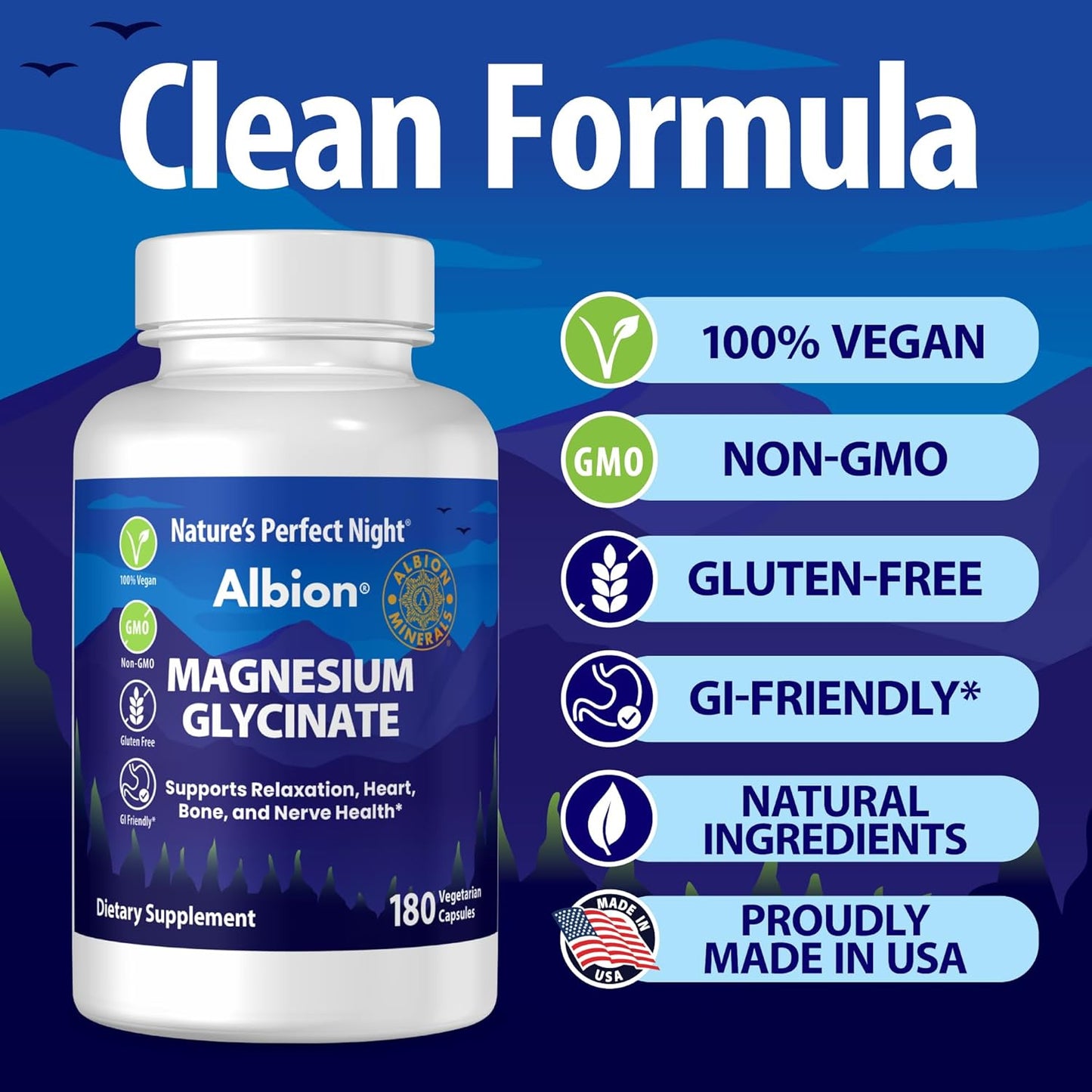 Magnesium Glycinate Supplement | Nature’s Perfect Night | 180 Caps | Chelated | Albion Gold Medallion | GI Friendly | Non-GMO | Gluten Free | Supports Relaxation, Heart, Bone, and Nerve Health