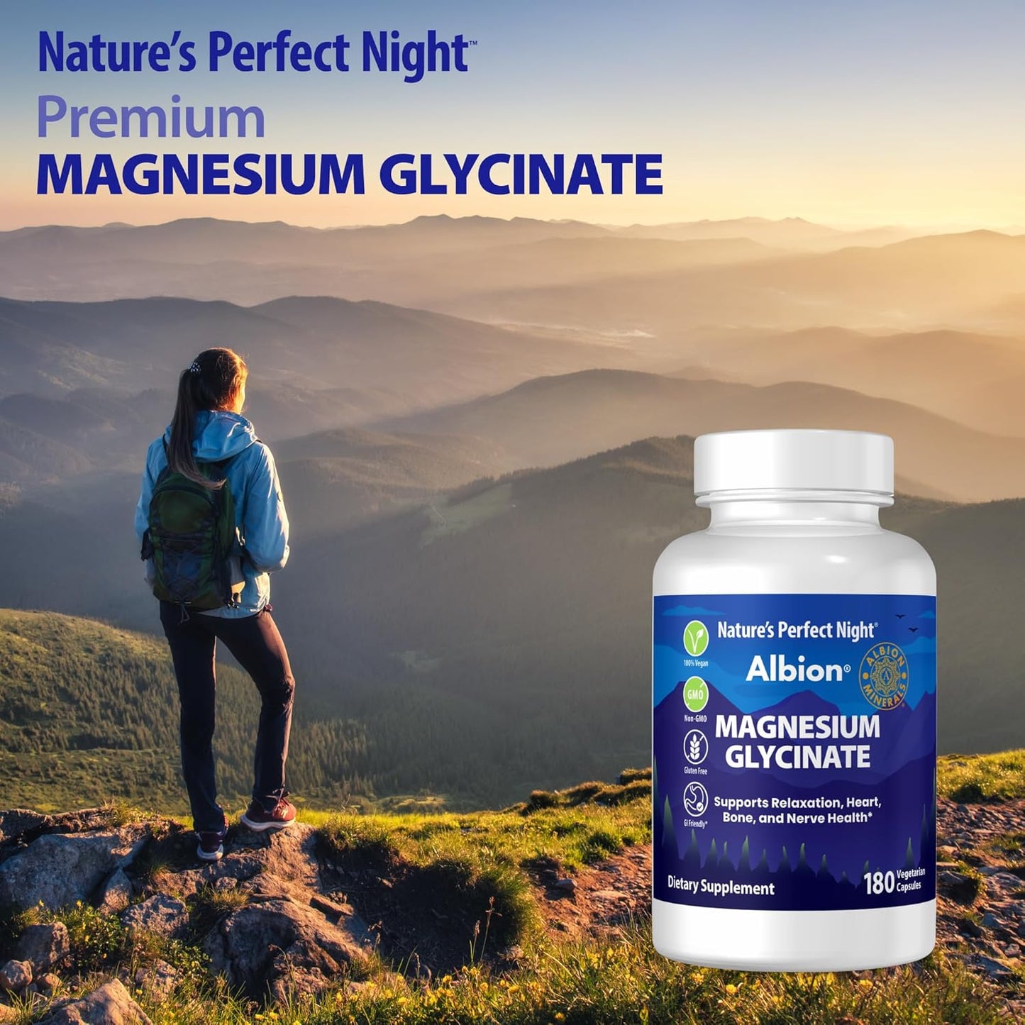 Magnesium Glycinate Supplement | Nature’s Perfect Night | 180 Caps | Chelated | Albion Gold Medallion | GI Friendly | Non-GMO | Gluten Free | Supports Relaxation, Heart, Bone, and Nerve Health