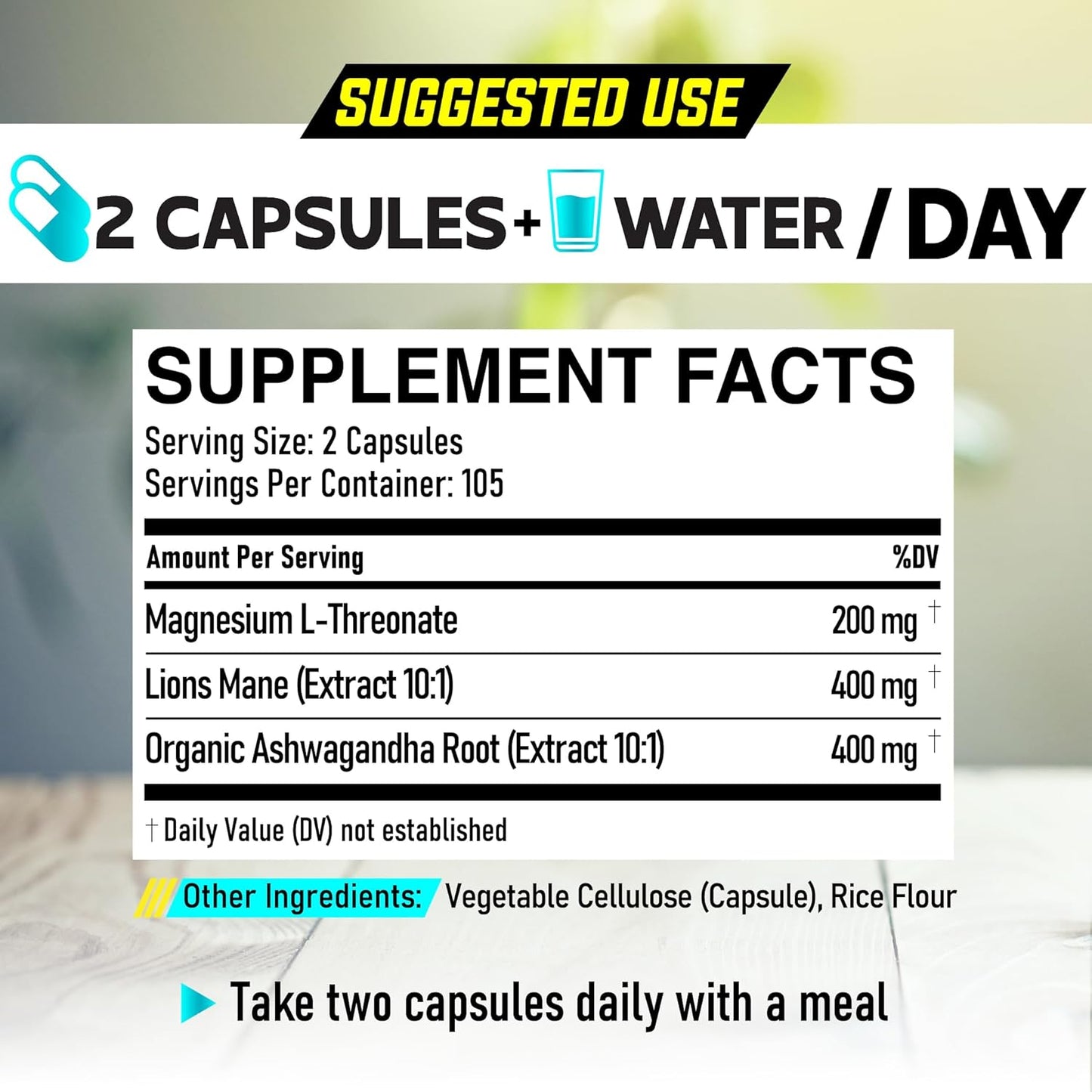 Magnesium L-Threonate Capsules with Lions Mane Mushroom & Ashwagandha Root - 210 Capsules - 1000mg Per Serving - DEDICAD Formula