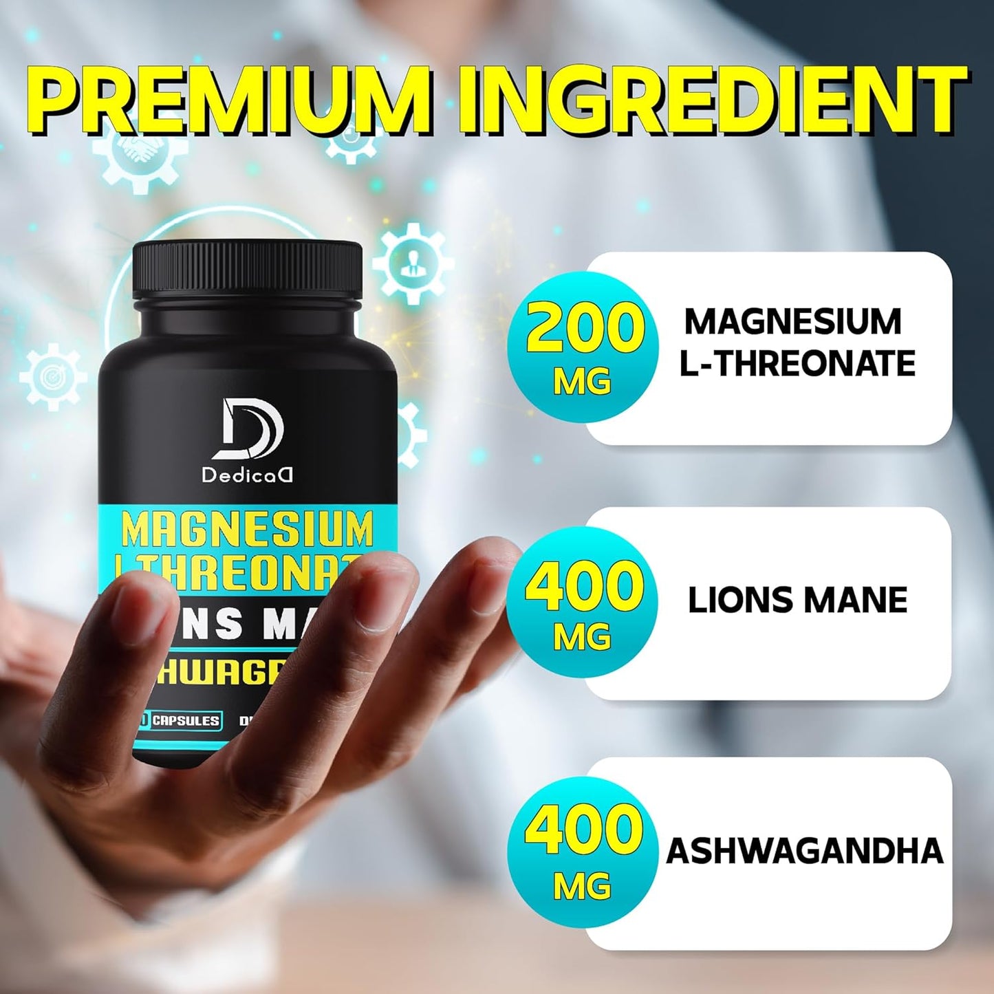 Magnesium L-Threonate Capsules with Lions Mane Mushroom & Ashwagandha Root - 210 Capsules - 1000mg Per Serving - DEDICAD Formula