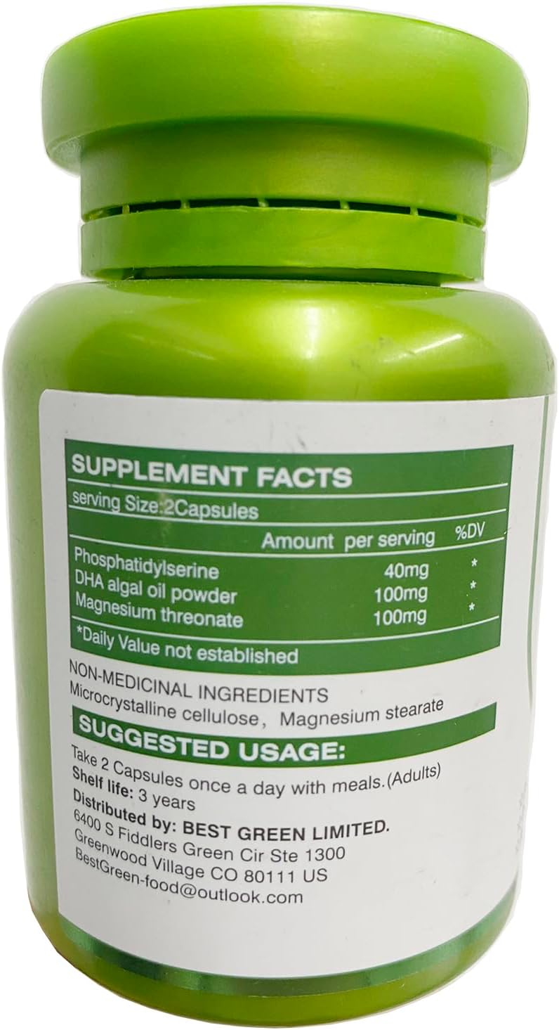Magnesium L-threonate Complex with DHA and Phosphatidylserine - Brain Health Support for Elderly and Kids - 60 Capsules