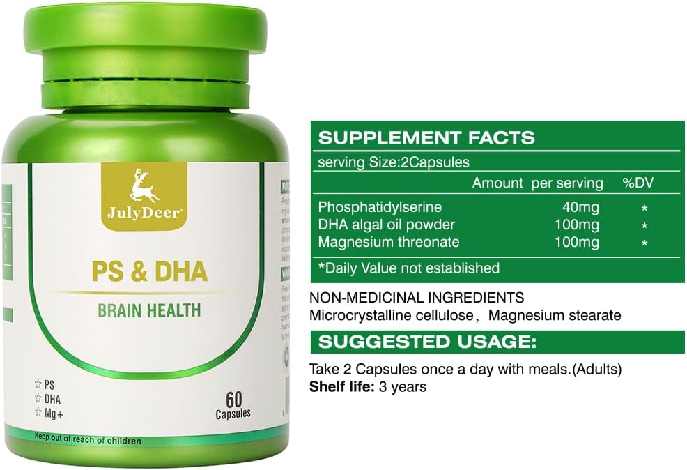 Magnesium L-threonate Complex with DHA and Phosphatidylserine - Brain Health Support for Elderly and Kids - 60 Capsules
