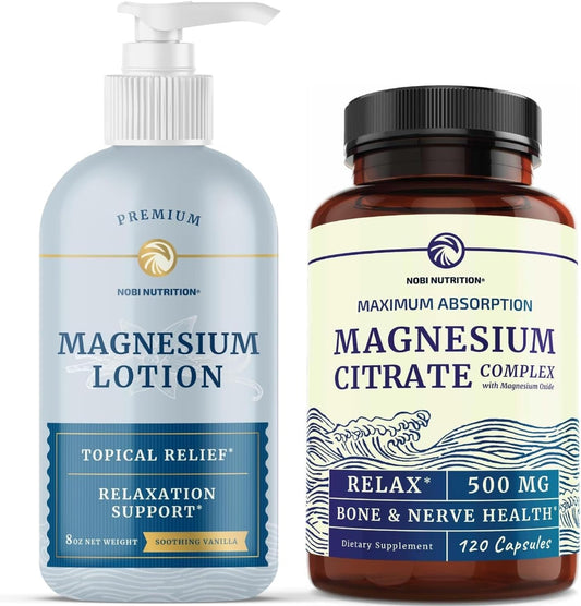 Magnesium Lotion and Citrate Supplement Combo for Full Body Support - Topical Magnesium and Pills for Mind and Body - 8 Fl Oz Lotion and 2 Month Supply Pills - BoostGo Australia