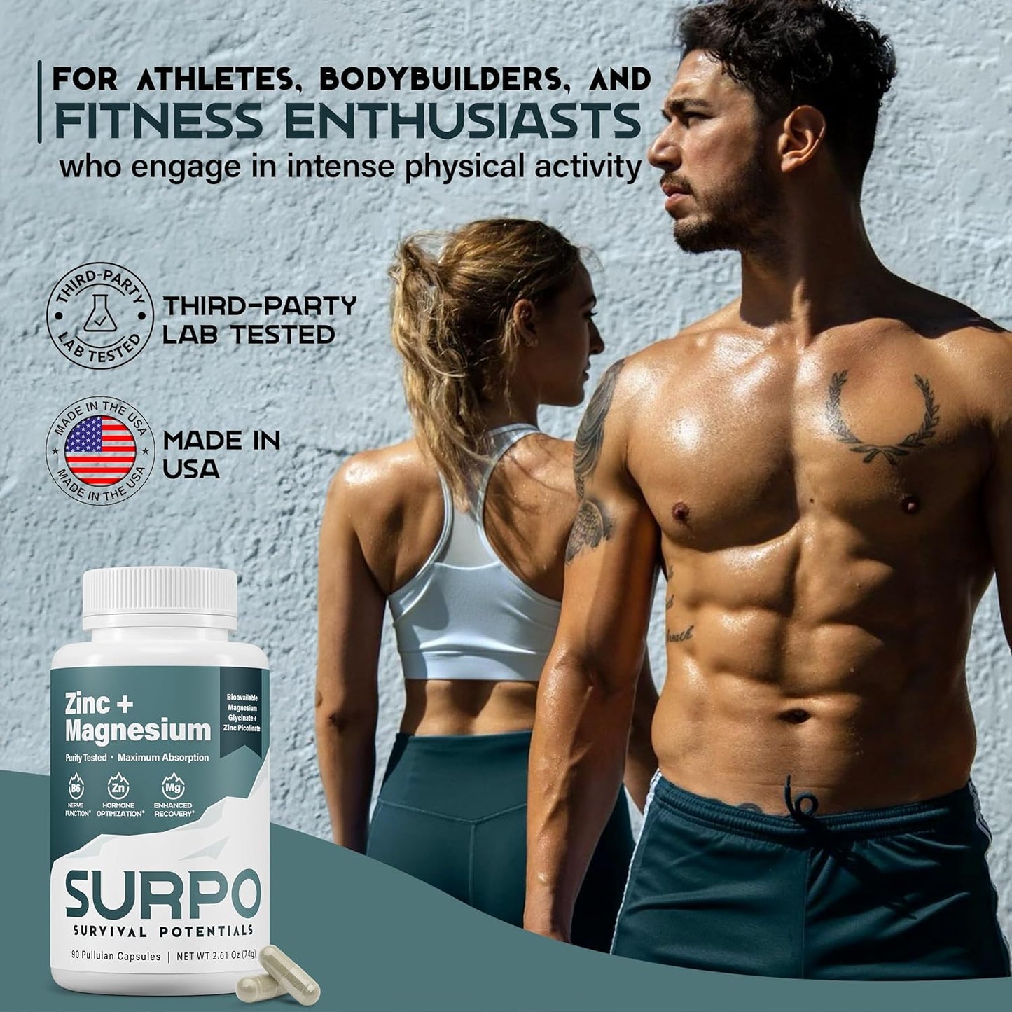 Magnesium Zinc Supplement for Bodybuilding, Workout Recovery, Sleep Support - Chelated Magnesium Glycinate Formula for Men & Women