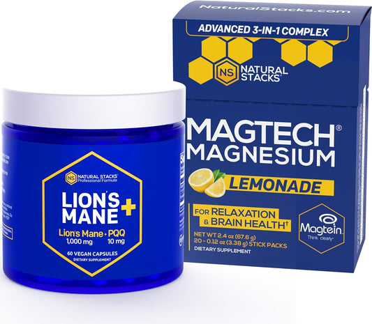 Magtech Magnesium Drink Mix + Lions Mane Supplement Bundle - Supports Relaxation, Brain Health & Memory - 50 Servings