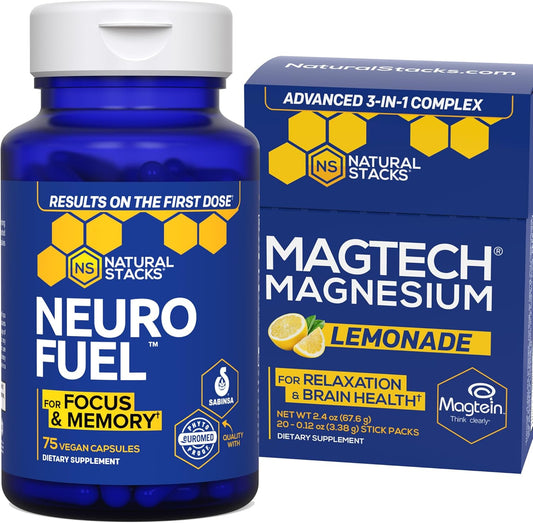 MagTech Magnesium Lemonade & NeuroFuel Nootropic Bundle - Supports Relaxation, Brain Health, and Focus - 45 Servings