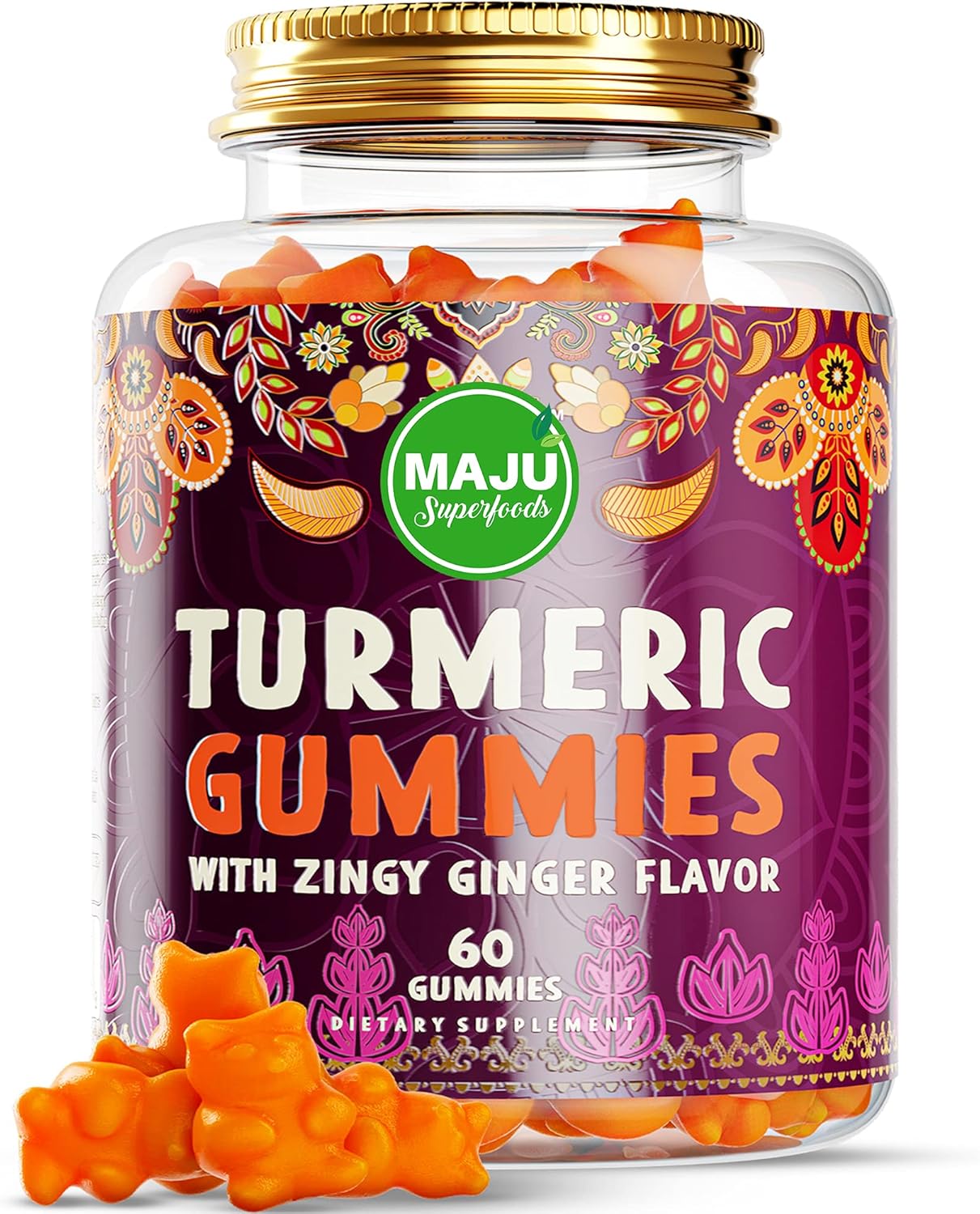 Maju Superfoods Turmeric Curcumin Gummies with Ginger & Black Pepper Extract - 60ct for Adults & Kids, Enhanced Absorption & Potency