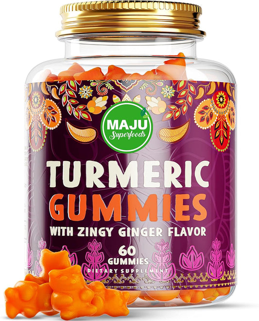 Maju Superfoods Turmeric Curcumin Gummies with Ginger & Black Pepper Extract - 60ct for Adults & Kids, Enhanced Absorption & Potency