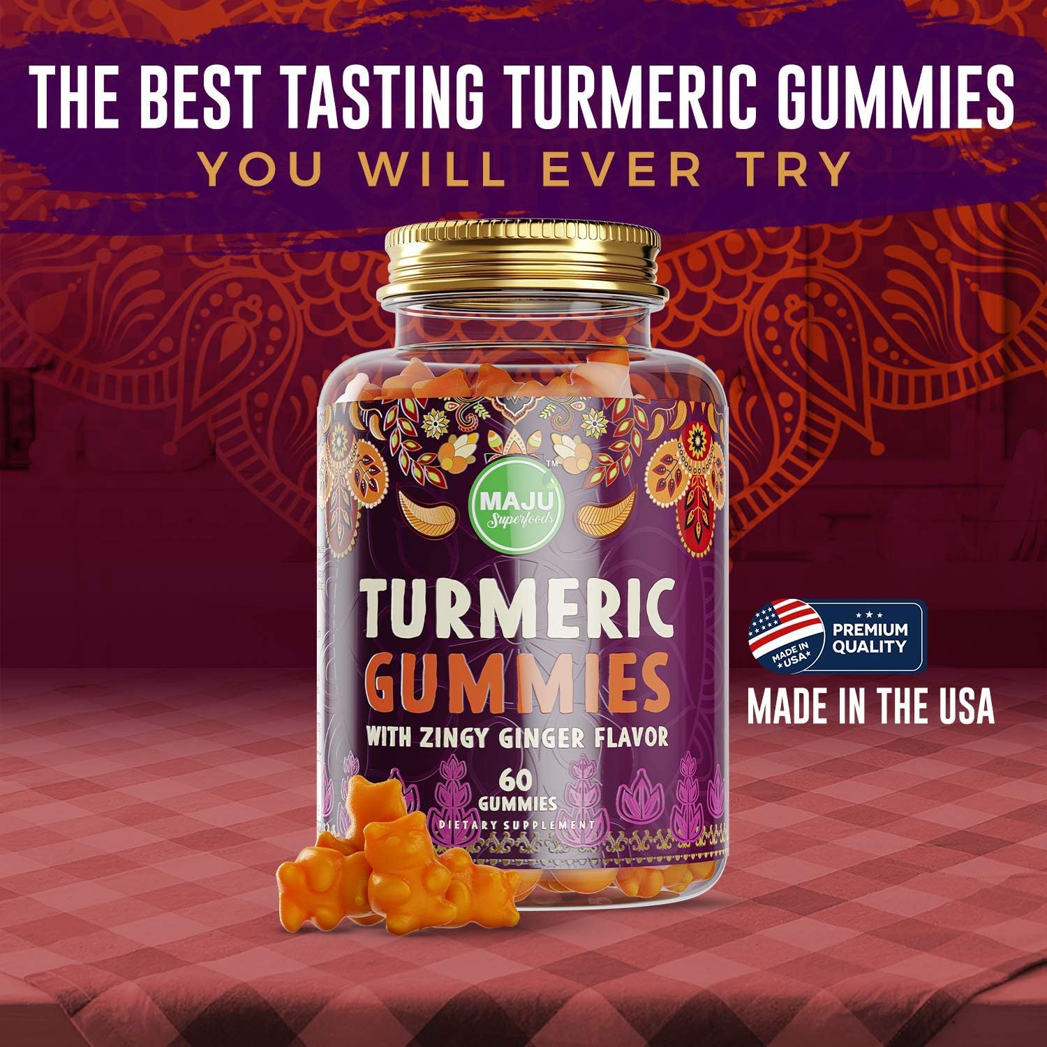 Maju Superfoods Turmeric Curcumin Gummies with Ginger & Black Pepper Extract - 60ct for Adults & Kids, Enhanced Absorption & Potency