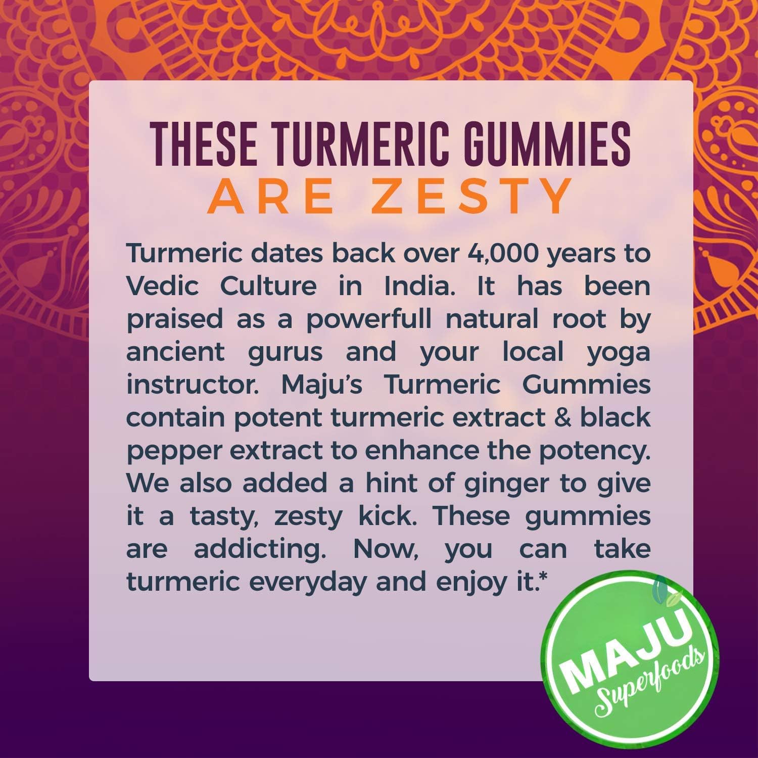 Maju Superfoods Turmeric Curcumin Gummies with Ginger & Black Pepper Extract - 60ct for Adults & Kids, Enhanced Absorption & Potency
