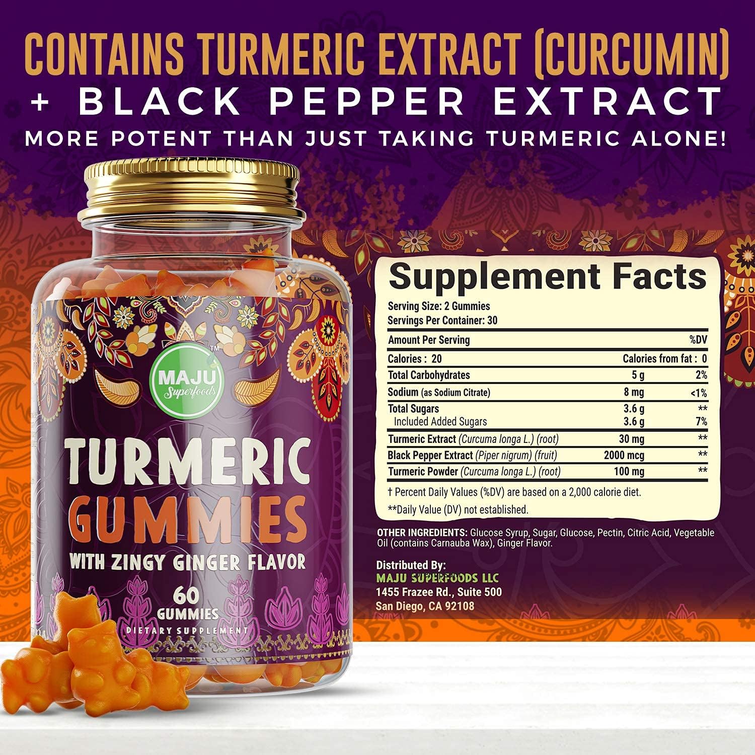 Maju Superfoods Turmeric Curcumin Gummies with Ginger & Black Pepper Extract - 60ct for Adults & Kids, Enhanced Absorption & Potency