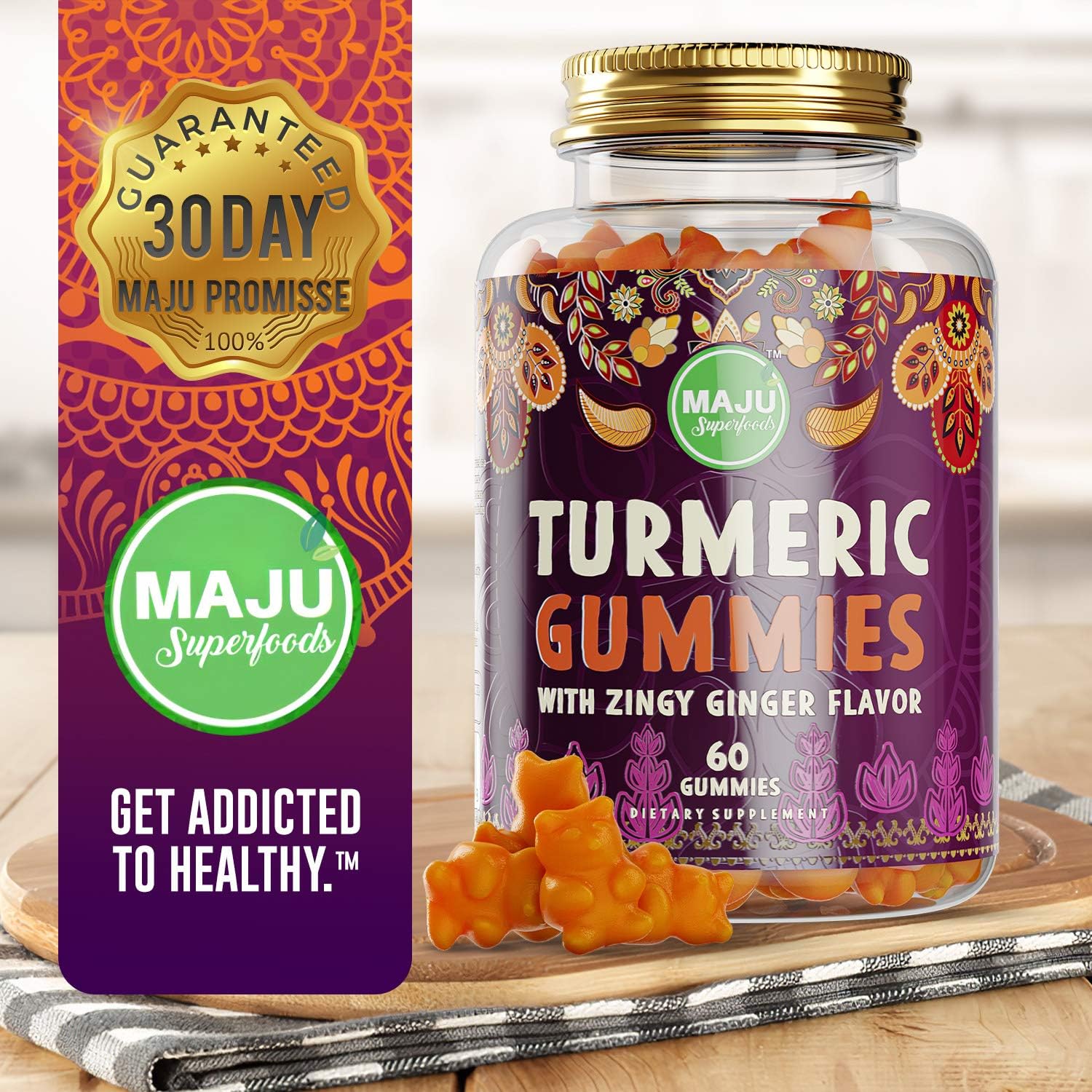 Maju Superfoods Turmeric Curcumin Gummies with Ginger & Black Pepper Extract - 60ct for Adults & Kids, Enhanced Absorption & Potency