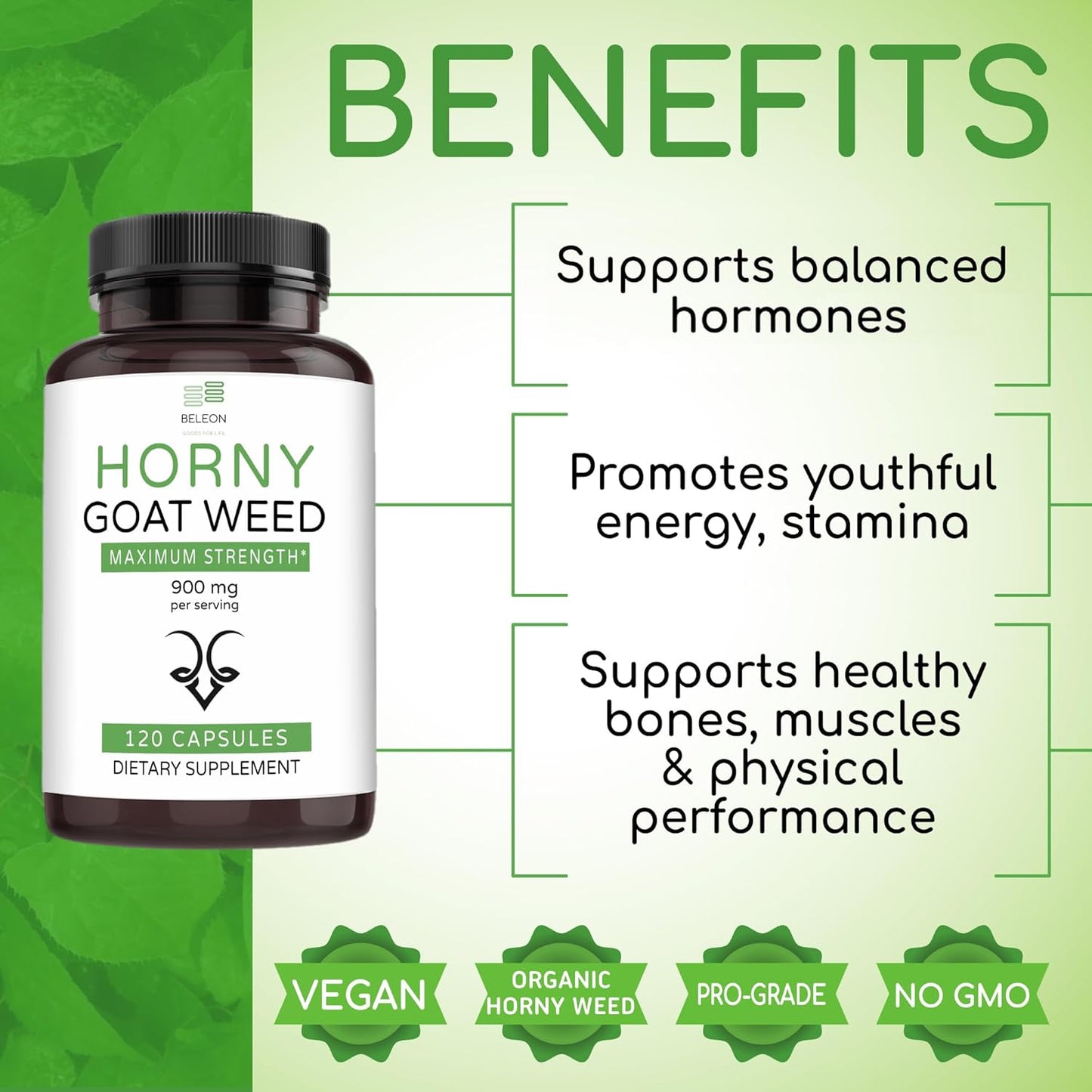 Male and Female Horny Goat Weed Extract Supplement for Stamina - 120 Capsules by Beleon Goods For Life