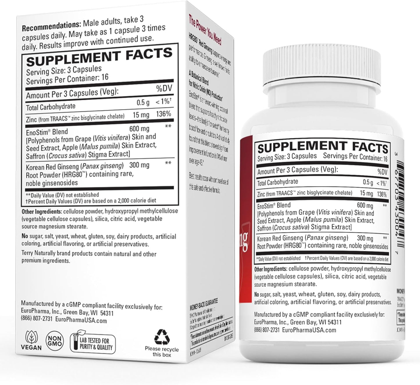 Male Power Support Supplement with Red Ginseng & Zinc - Herbal Energy Booster for Endurance and Blood Circulation - 48 Capsules by Terry Naturally