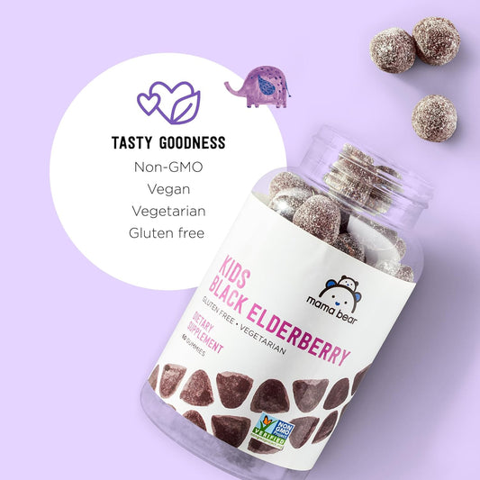 Mama Bear Vegetarian Kids Black Elderberry Gummies 300mg with Vitamins C, D, E, Zinc - Immune Support - 60 Count x2 - Non-GMO, Gluten Free