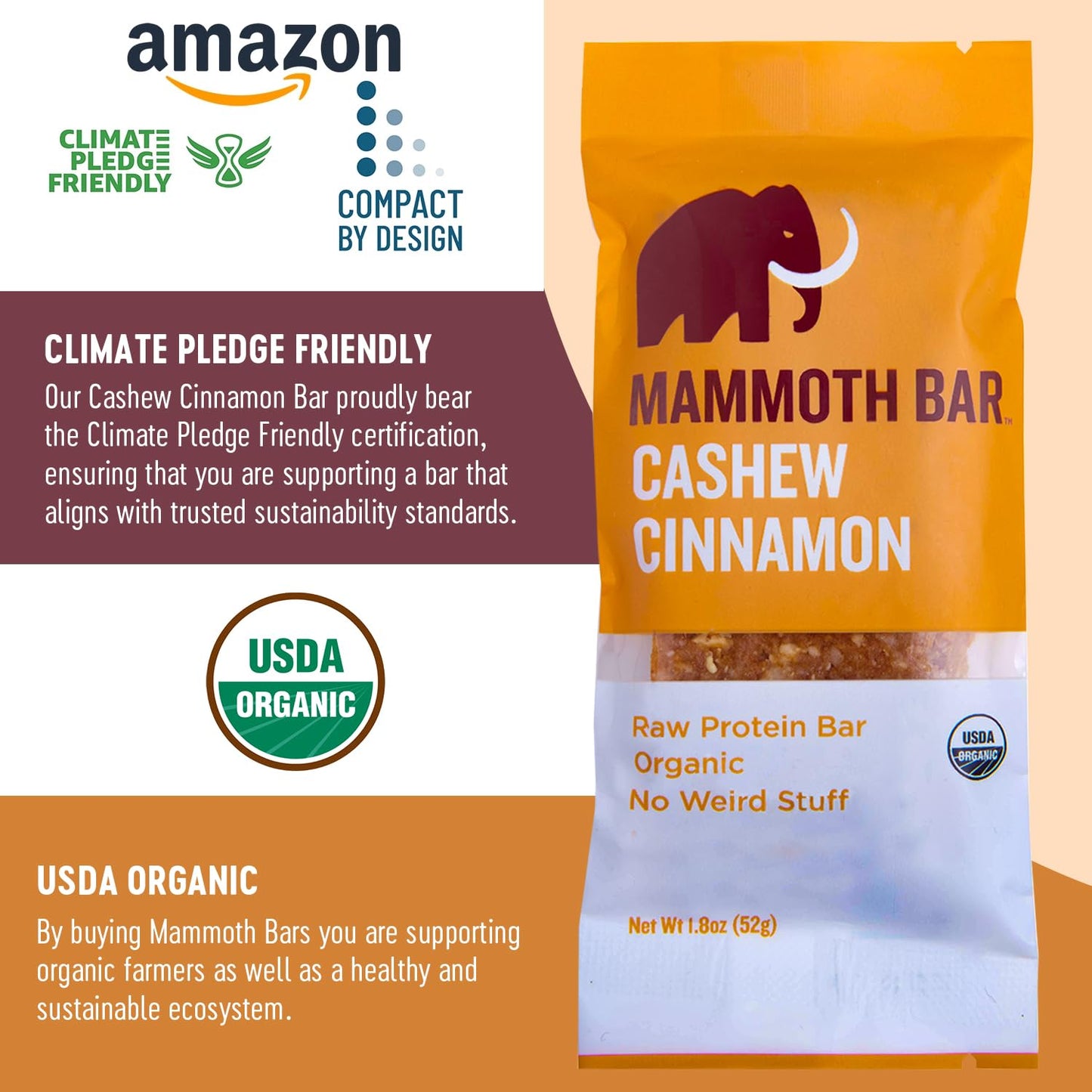 Mammoth Bar Cashew Cinnamon Bars - Organic, Paleo, Gluten Free, Raw - 10 Bars, 10-12g Protein, 1.8 Oz.
