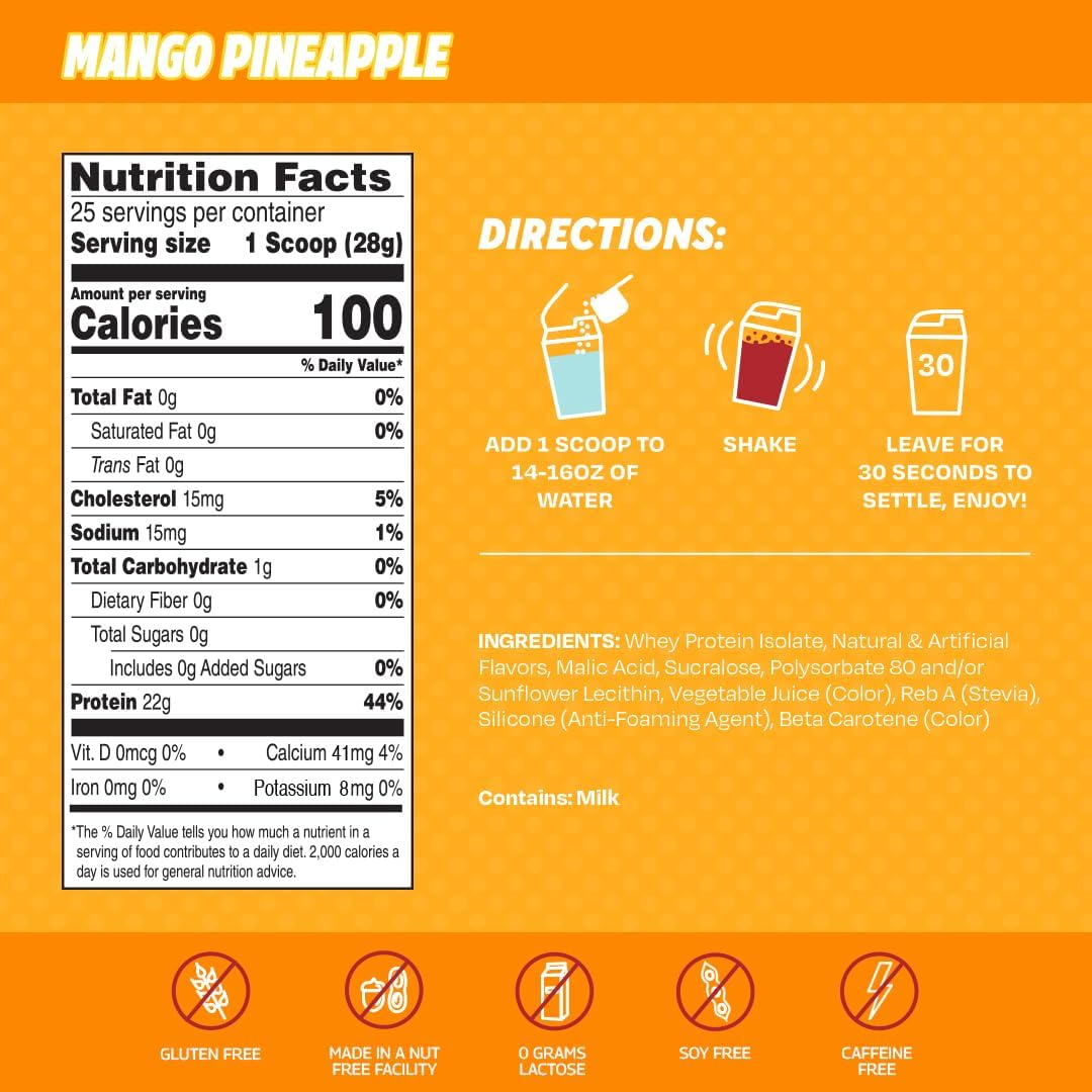 Mango Pineapple Clear Whey Isolate Protein Powder - 25 Servings, 22g Protein Per Serving - Lactose-Free, Sugar-Free, Keto-Friendly, Soy-Free - Juice-Like Protein for Post-Workout Recovery