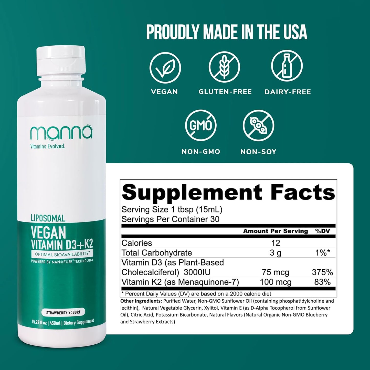 Manna Vitamins Liposomal Vegan K2 D3 Supplement for Immune & Heart Health - Liquid D3 with K2 for Vegan Diets