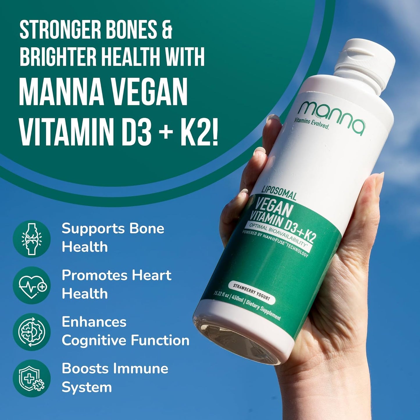 Manna Vitamins Liposomal Vegan K2 D3 Supplement for Immune & Heart Health - Liquid D3 with K2 for Vegan Diets