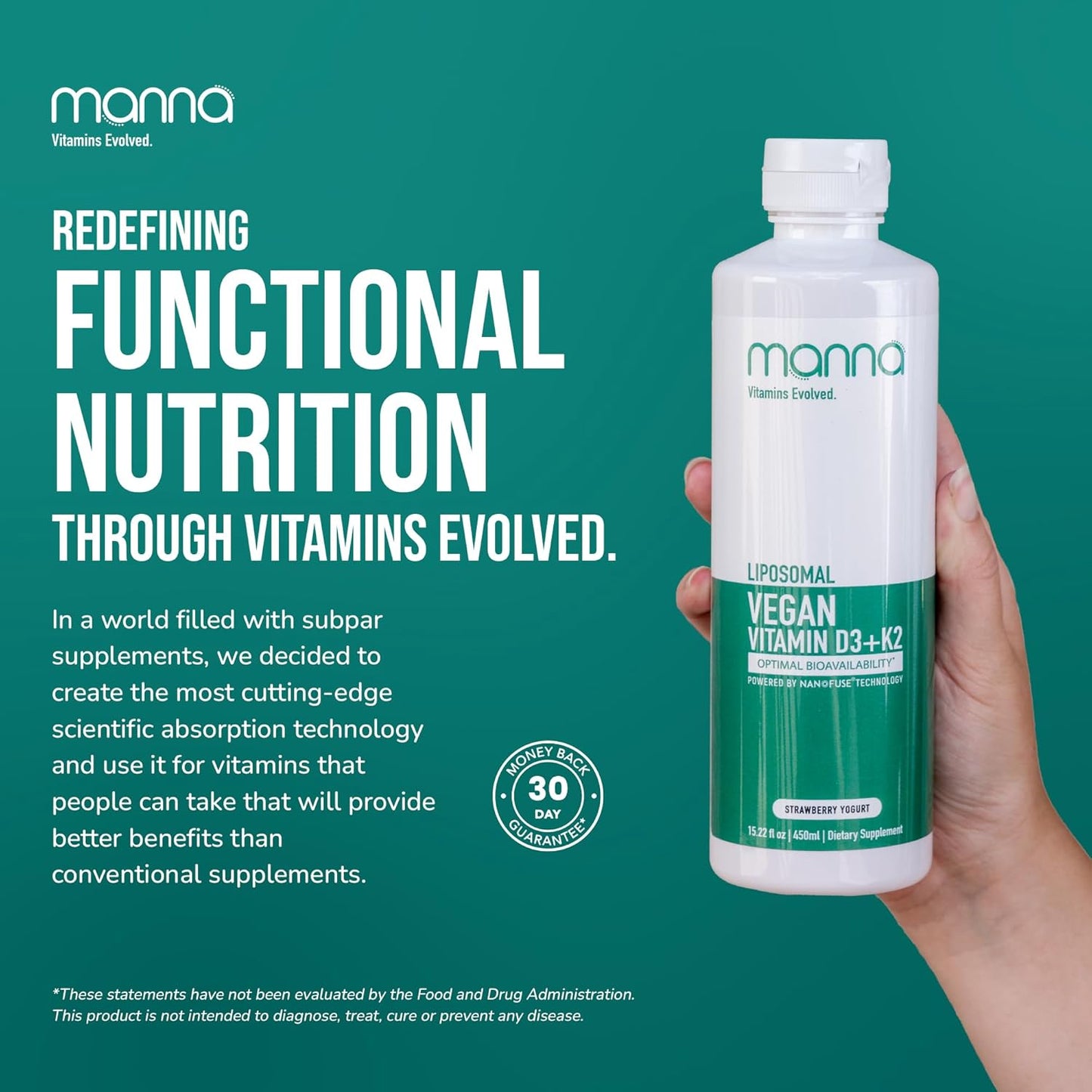 Manna Vitamins Liposomal Vegan K2 D3 Supplement for Immune & Heart Health - Liquid D3 with K2 for Vegan Diets