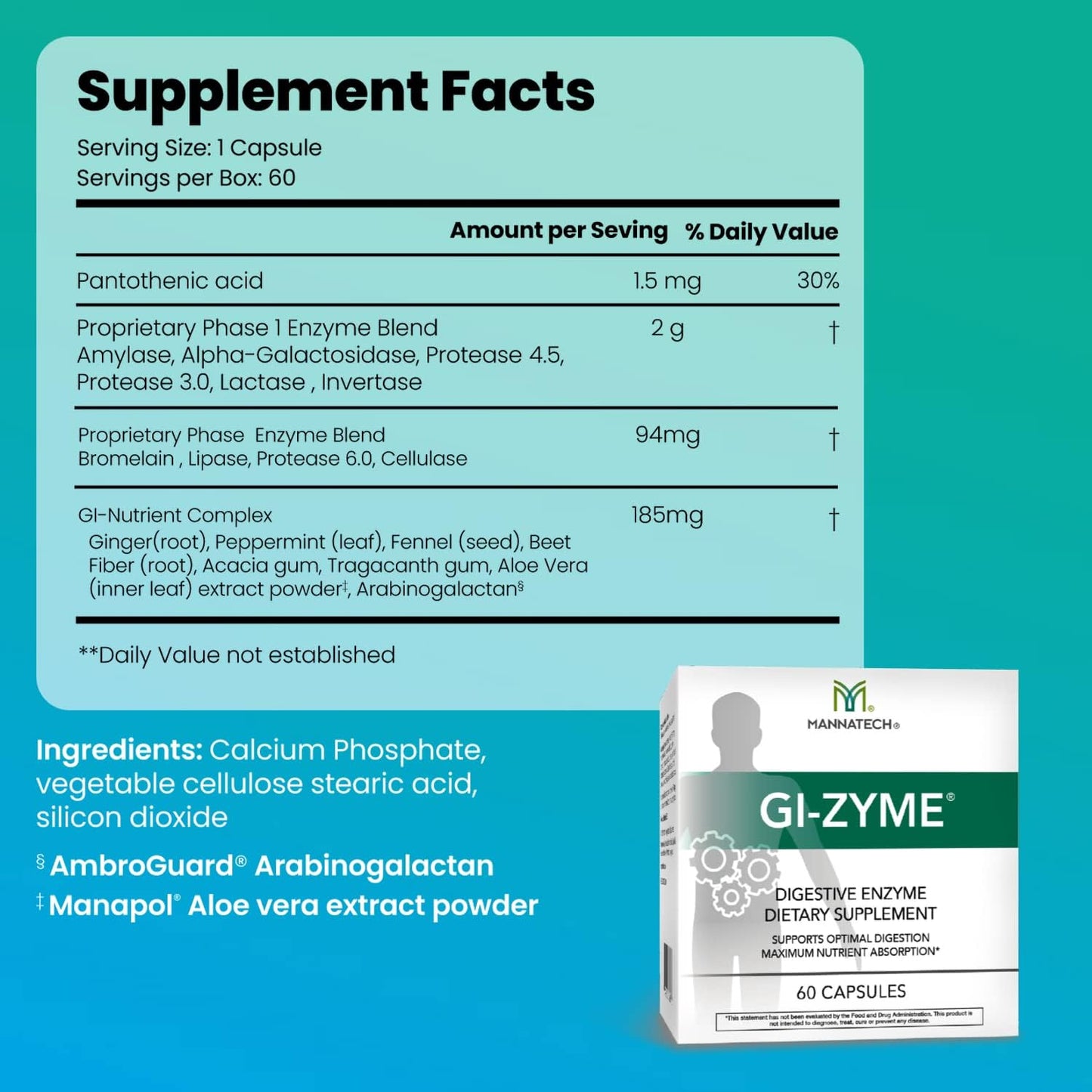 Mannatech GI-Zyme Capsules - 60 Count - Digestive Enzyme Supplement for Gut Health