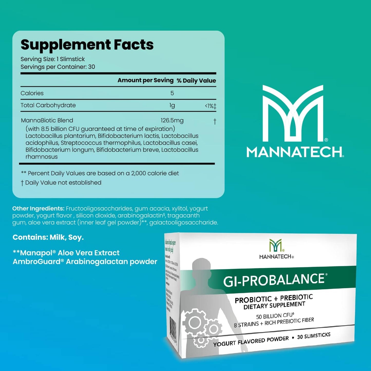 Mannatech Prebiotics and Probiotics Slimsticks - Yogurt Flavor, 30 Count, Gut Health Powder with 8 Strains, Rich Prebiotic Fiber & 50 Billion CFU