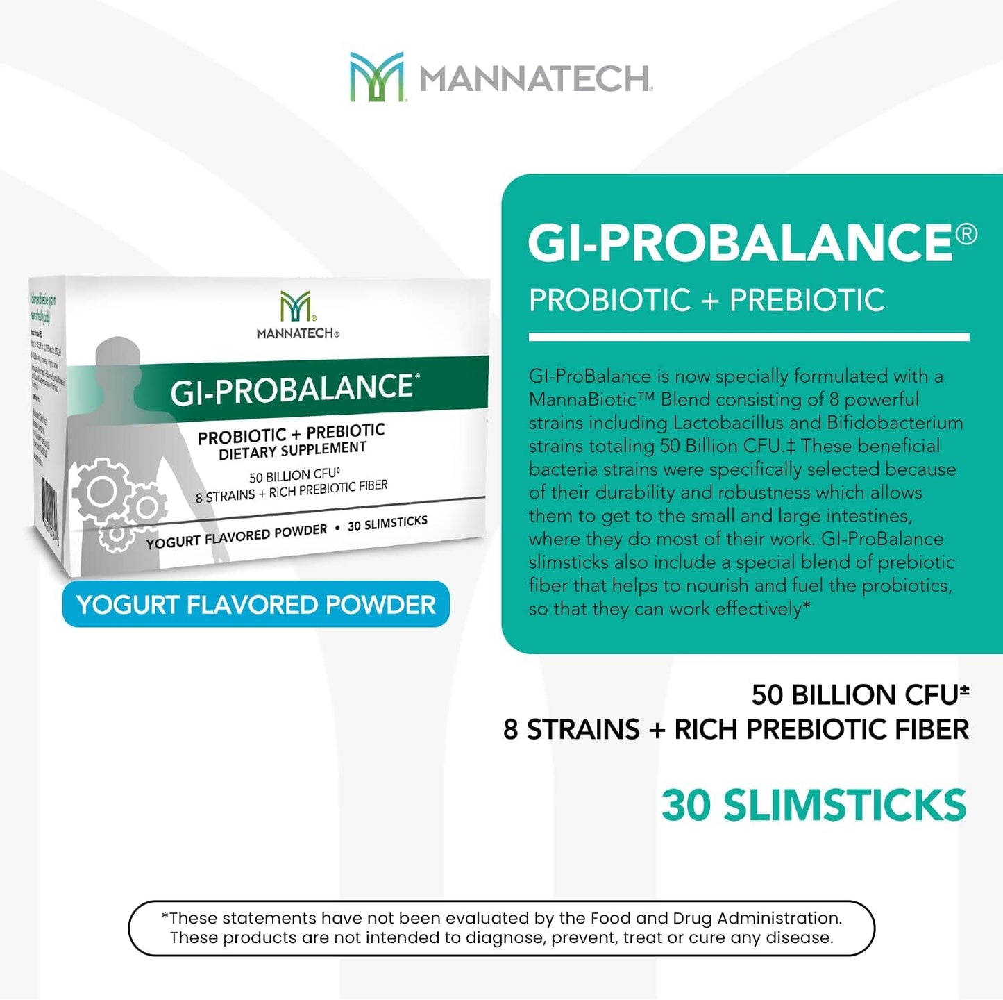 Mannatech Prebiotics and Probiotics Slimsticks - Yogurt Flavor, 30 Count, Gut Health Powder with 8 Strains, Rich Prebiotic Fiber & 50 Billion CFU