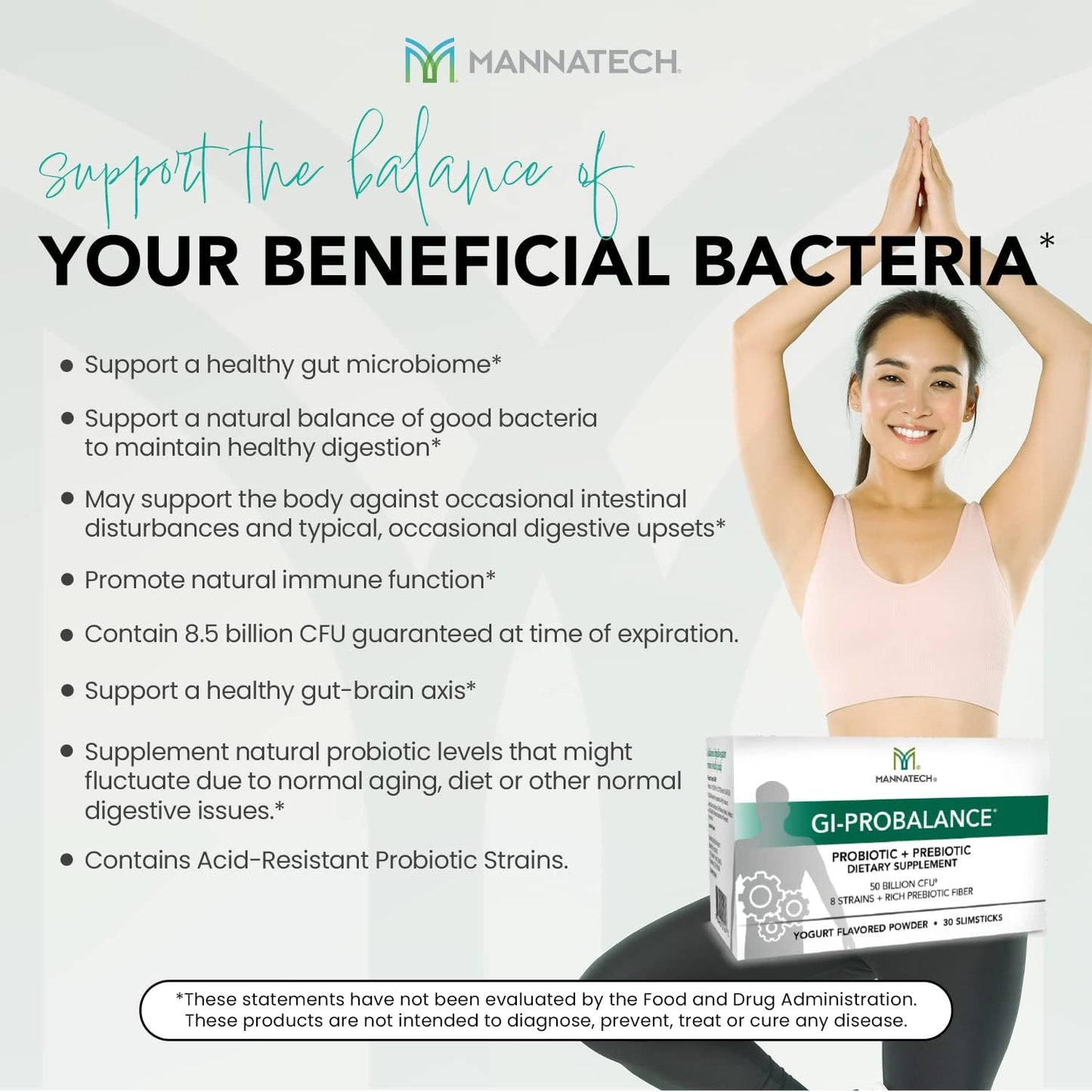 Mannatech Prebiotics and Probiotics Slimsticks - Yogurt Flavor, 30 Count, Gut Health Powder with 8 Strains, Rich Prebiotic Fiber & 50 Billion CFU