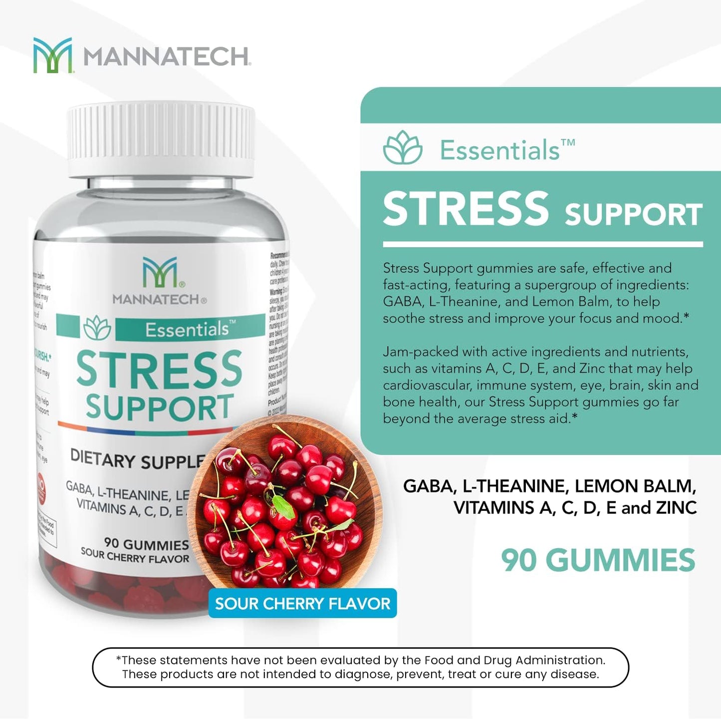 Mannatech Stress Support Gummies - Sour Cherry Flavor, 90 Count - Support for Stress Relief and Relaxation
