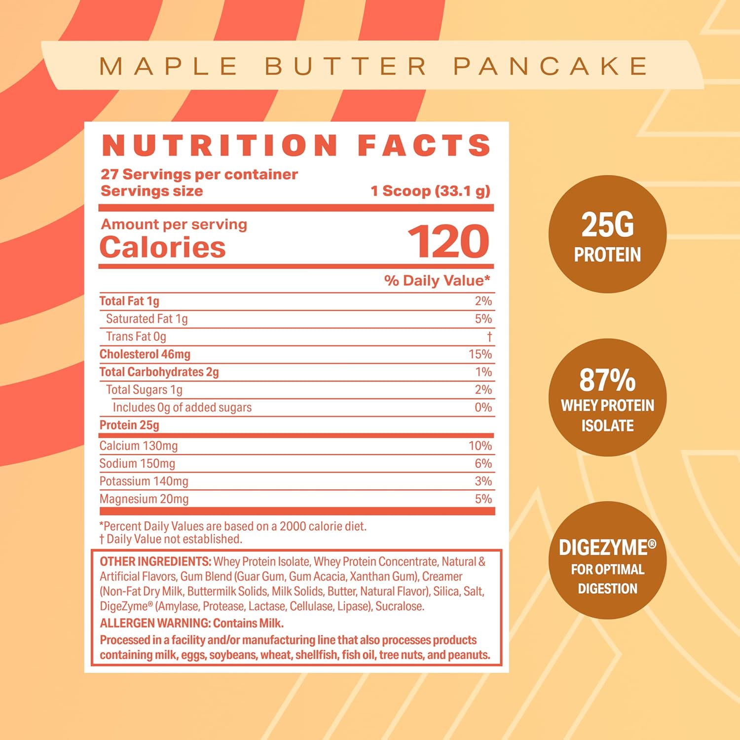 Maple Butter Pancake Whey Protein Powder by Podium Nutrition - 27 Servings, 25g Protein Per Serving, Gluten & Soy Free