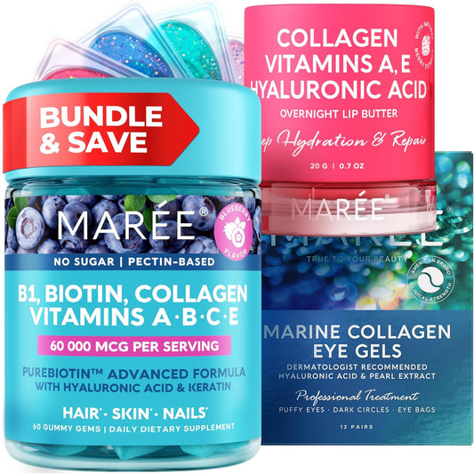 MAREE Bundle: Vitamin B1 Gummies, Lip Mask, Under Eye Gels with A, E, D, C Vitamins, Collagen & Hyaluronic Acid Complex - Skin, Nails, Hair Care - Lip Mask for Dry Lips, Eye Gels for Puffy Eyes