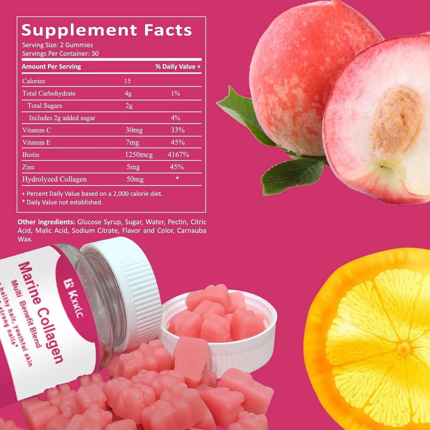 Marine Collagen Gummies with Vitamin C, Zinc, and Biotin for Healthy Skin Support - Hydrolyzed Collagen Supplement (1 Pack)