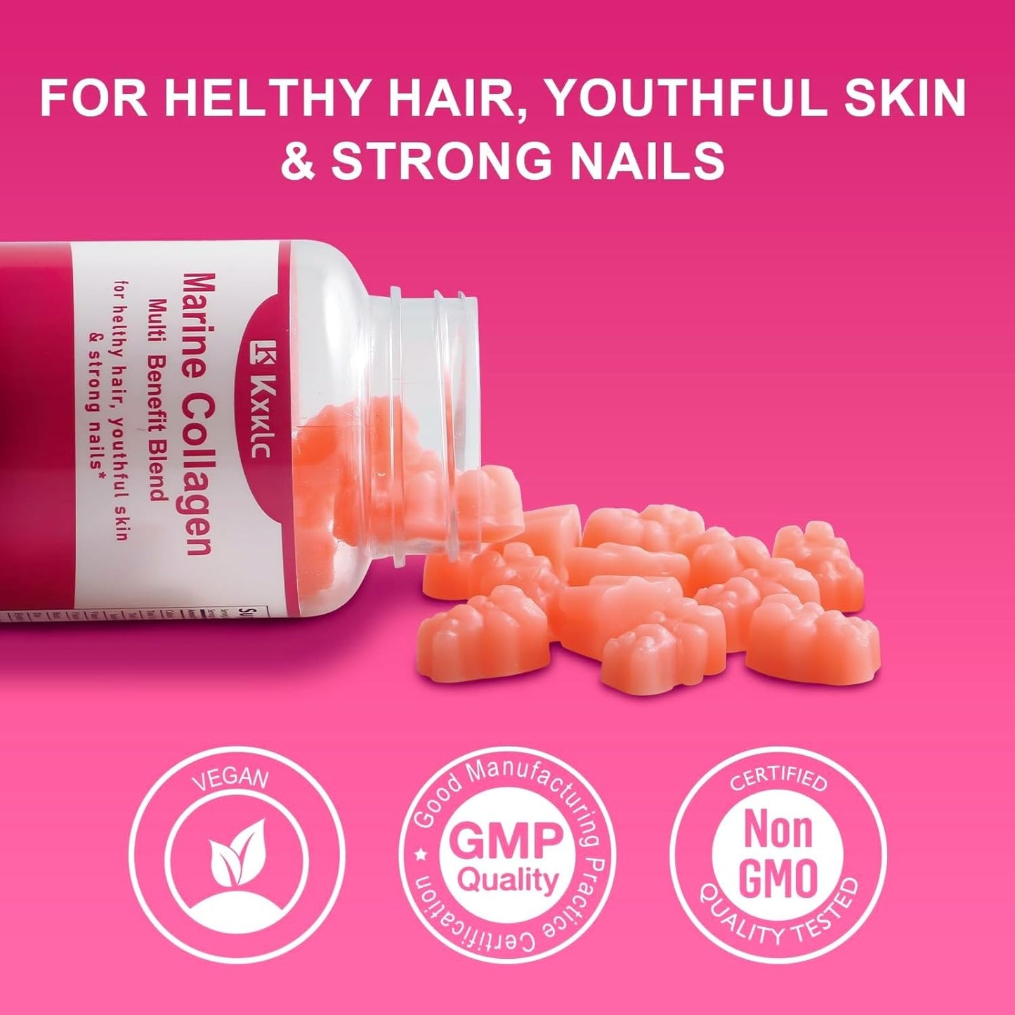 Marine Collagen Gummies with Vitamin C, Zinc, and Biotin for Healthy Skin Support - Hydrolyzed Collagen Supplement (1 Pack)