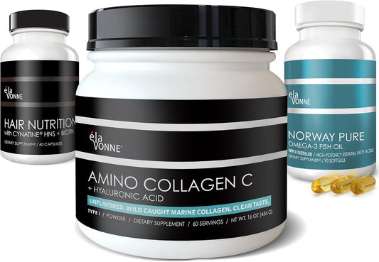 Marine Collagen, Hair Vitamins, and Omega-3 Fish Oil Bundle - Beauty Nutrition for Skin, Nails, Joints, and Aging