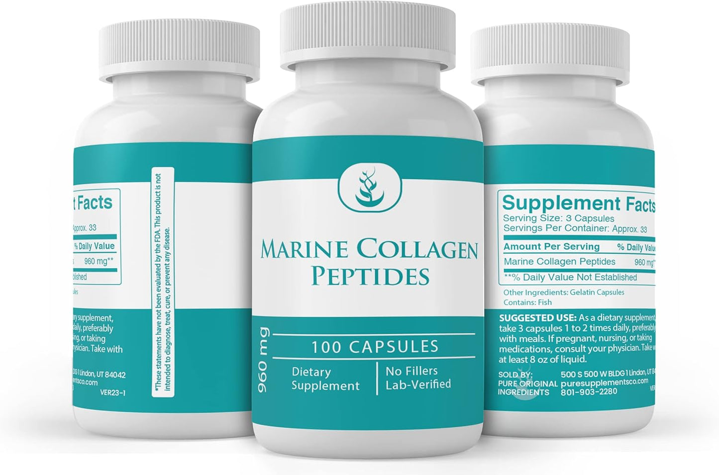 Marine Collagen Peptides (100 Capsules) - Pure Ingredients, No Additives, Lab Verified
