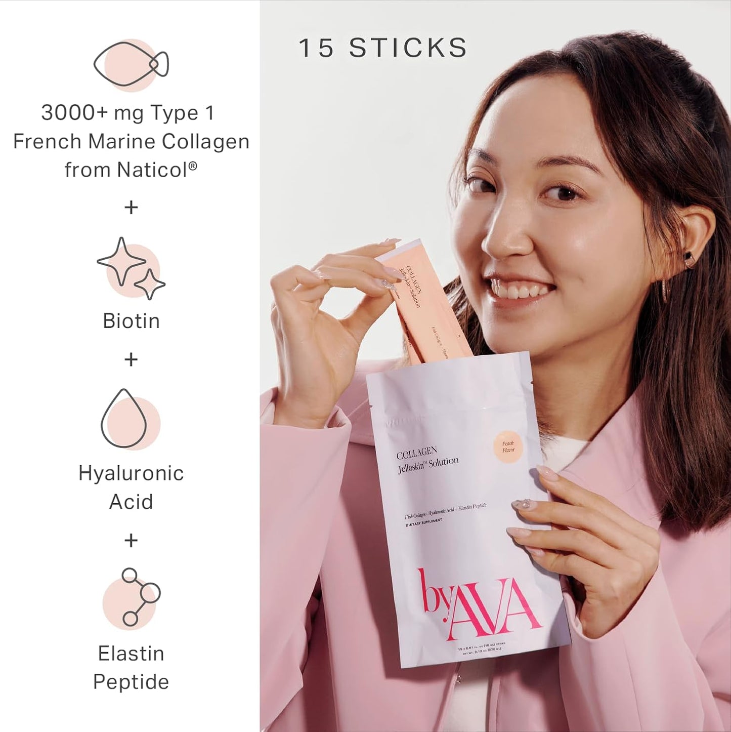 Marine Collagen Peptides + Hyaluronic Acid + Elastin Triple Supplement | Liquid Collagen Jello for Hair Skin Nails | Hydrolyzed Fish Collagen Peach Flavor - 15 Packets for Women