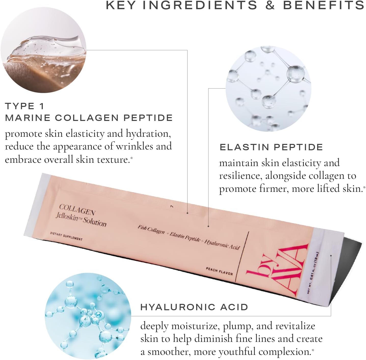 Marine Collagen Peptides + Hyaluronic Acid + Elastin Triple Supplement | Liquid Collagen Jello for Hair Skin Nails | Hydrolyzed Fish Collagen Peach Flavor - 15 Packets for Women