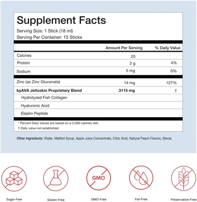 Marine Collagen Peptides + Hyaluronic Acid + Elastin Triple Supplement | Liquid Collagen Jello for Hair Skin Nails | Hydrolyzed Fish Collagen Peach Flavor - 15 Packets for Women