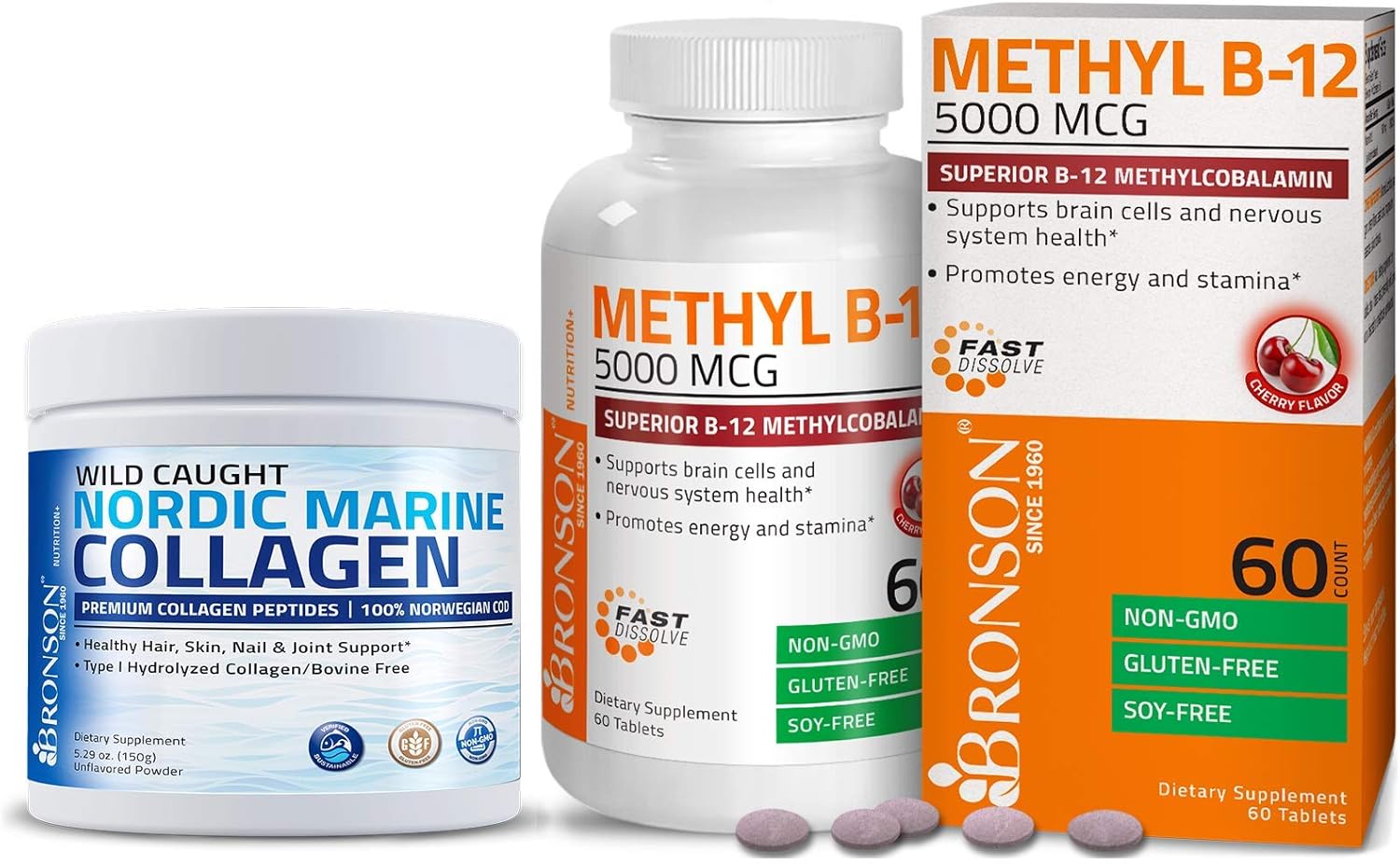 Marine Collagen Peptides Hydrolyzed Powder with Methyl B12 5000 mcg - Vitamin B12 Methylcobalamin Supplement