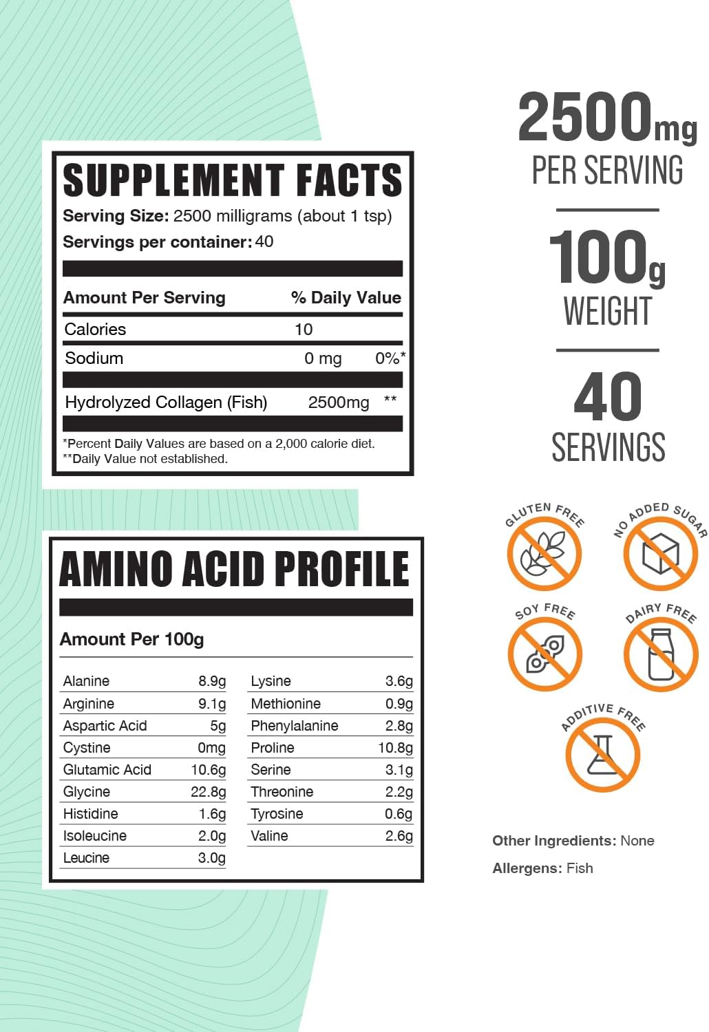 Marine Collagen Peptides Powder - Hydrolyzed Collagen Supplement, Gluten Free, 2500mg per Serving - 100g (3.5 oz) Pack of 1