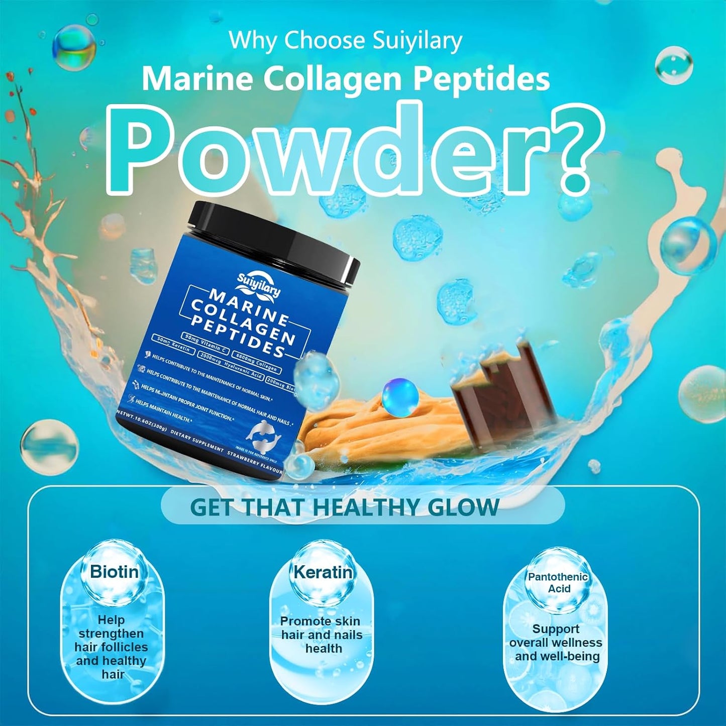 Marine Collagen Peptides Powder with Hyaluronic Acid, Biotin, and Vitamin C - Instant Dissolving Formula for Healthy Hair, Skin, and Nails - Men and Women's Supplement