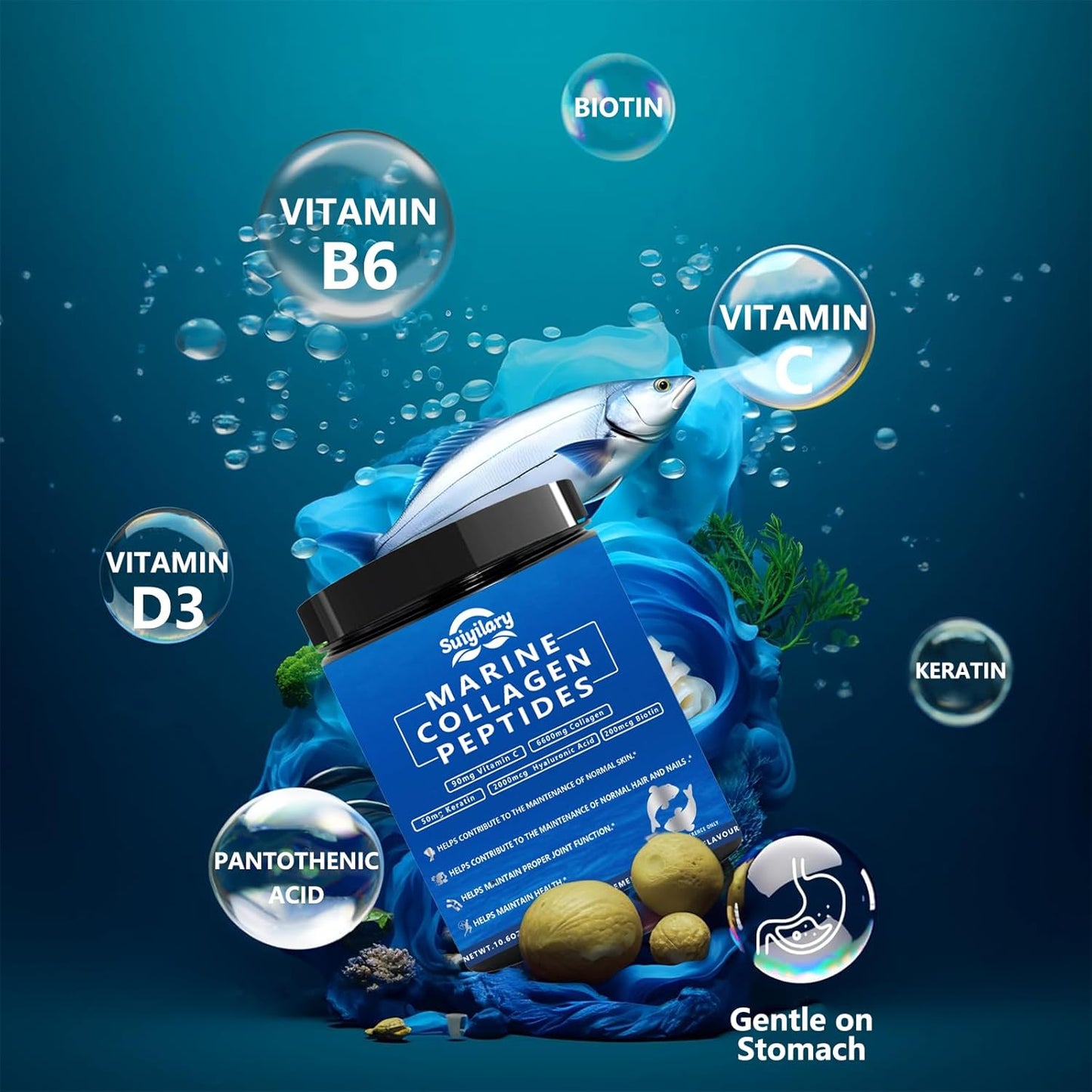 Marine Collagen Peptides Powder with Hyaluronic Acid, Biotin, and Vitamin C - Instant Dissolving Formula for Healthy Hair, Skin, and Nails - Men and Women's Supplement